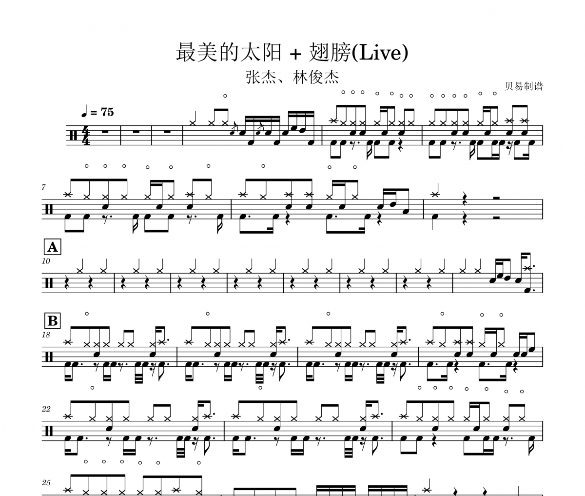 张杰、林俊杰-最美的太阳 + 翅膀`(Live)架子鼓|爵士鼓|鼓谱