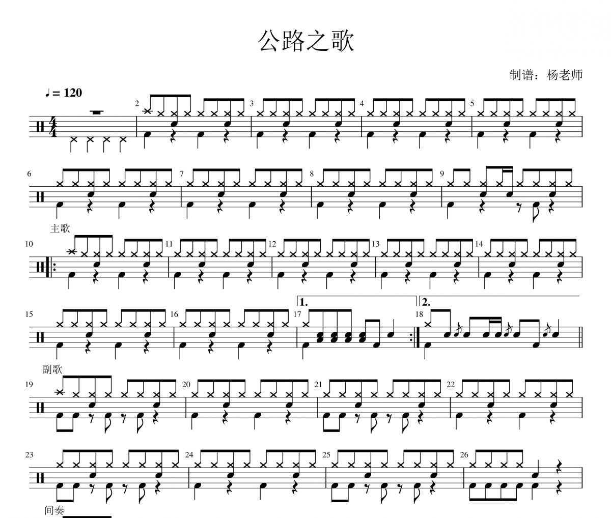 痛仰乐队《公路之歌》架子鼓|爵士鼓|鼓谱 杨老师制谱
