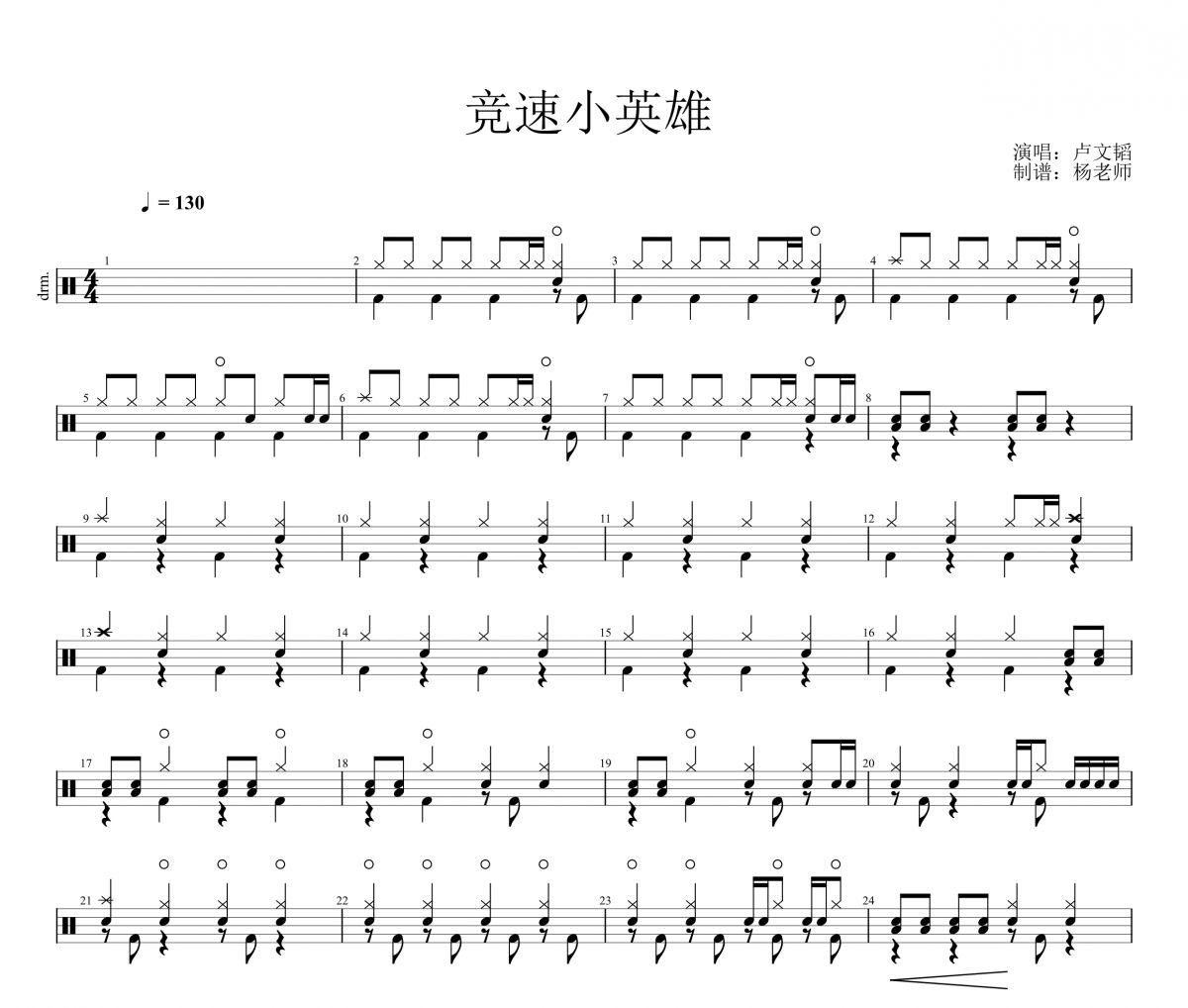 卢文韬《竞速小英雄》架子鼓|爵士鼓|鼓谱 杨老师制谱