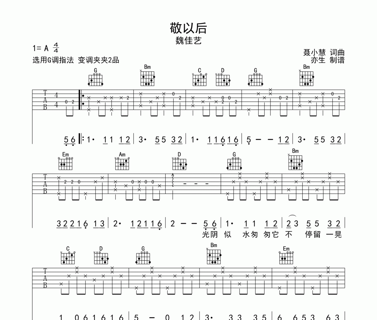 敬以后吉他谱 魏佳艺《敬以后》G调和弦指法演奏弹唱谱