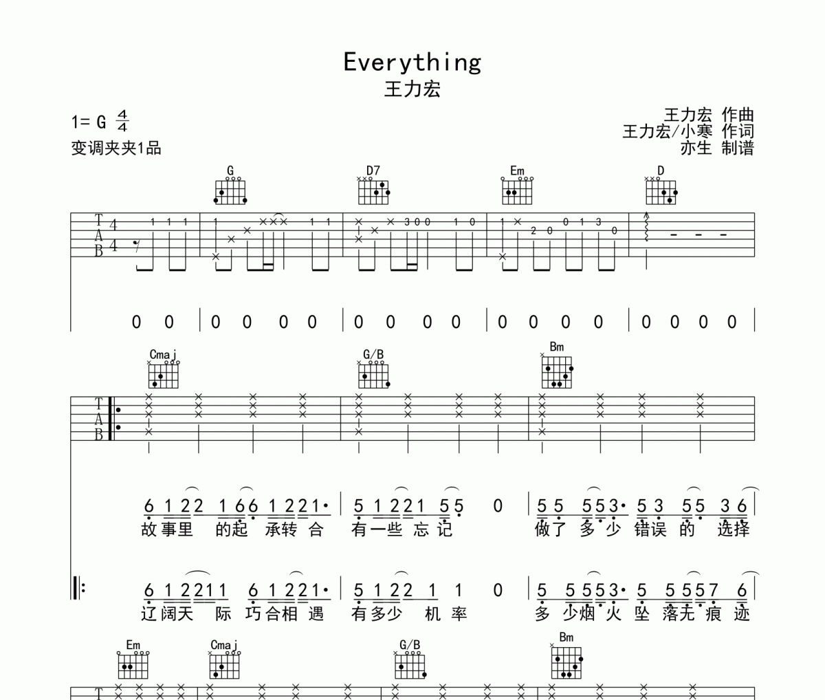 Everything吉他谱 王力宏《Everything》六线谱G调和弦指法演奏版吉他谱