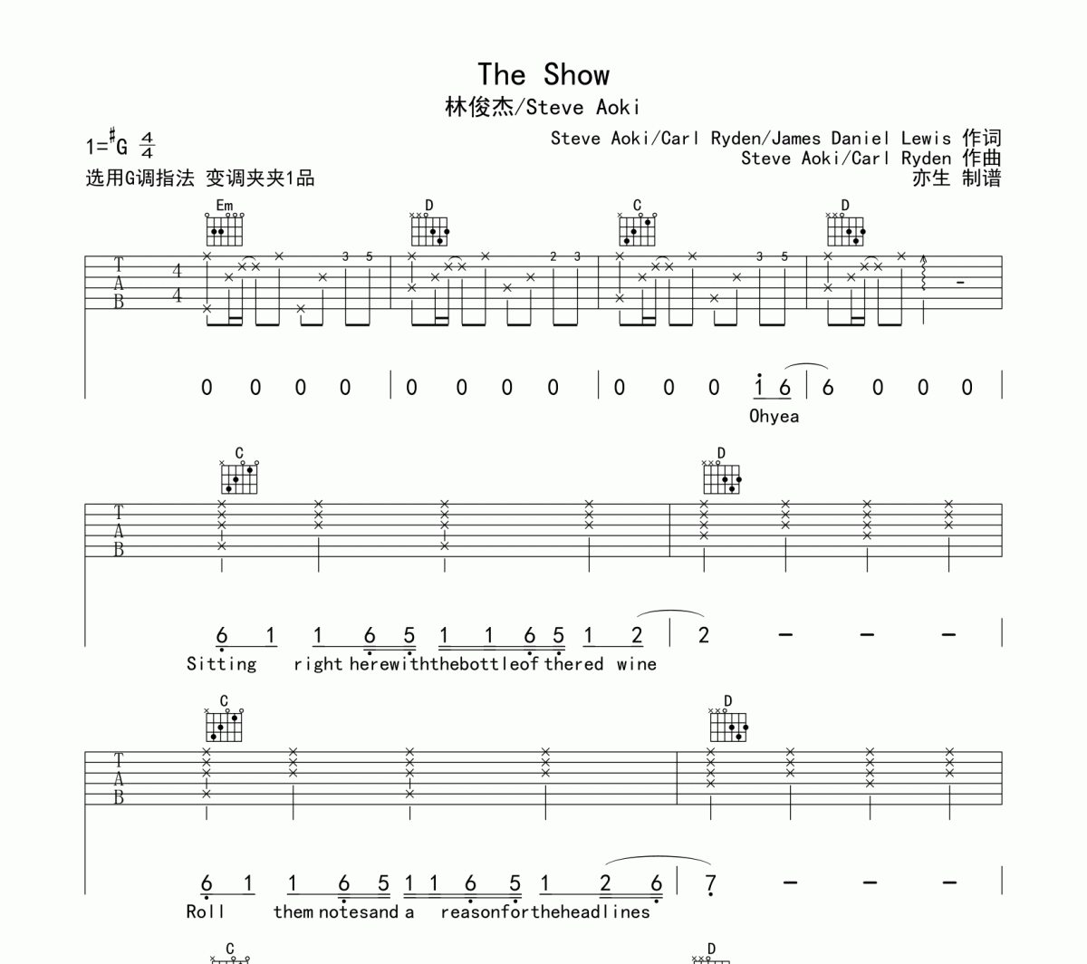 The Show吉他谱 林俊杰/Steve Aoki 《The Show》六线谱|吉他谱