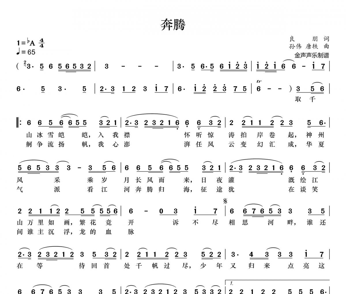 奔腾简谱 张杰《奔腾》简谱+动态视频