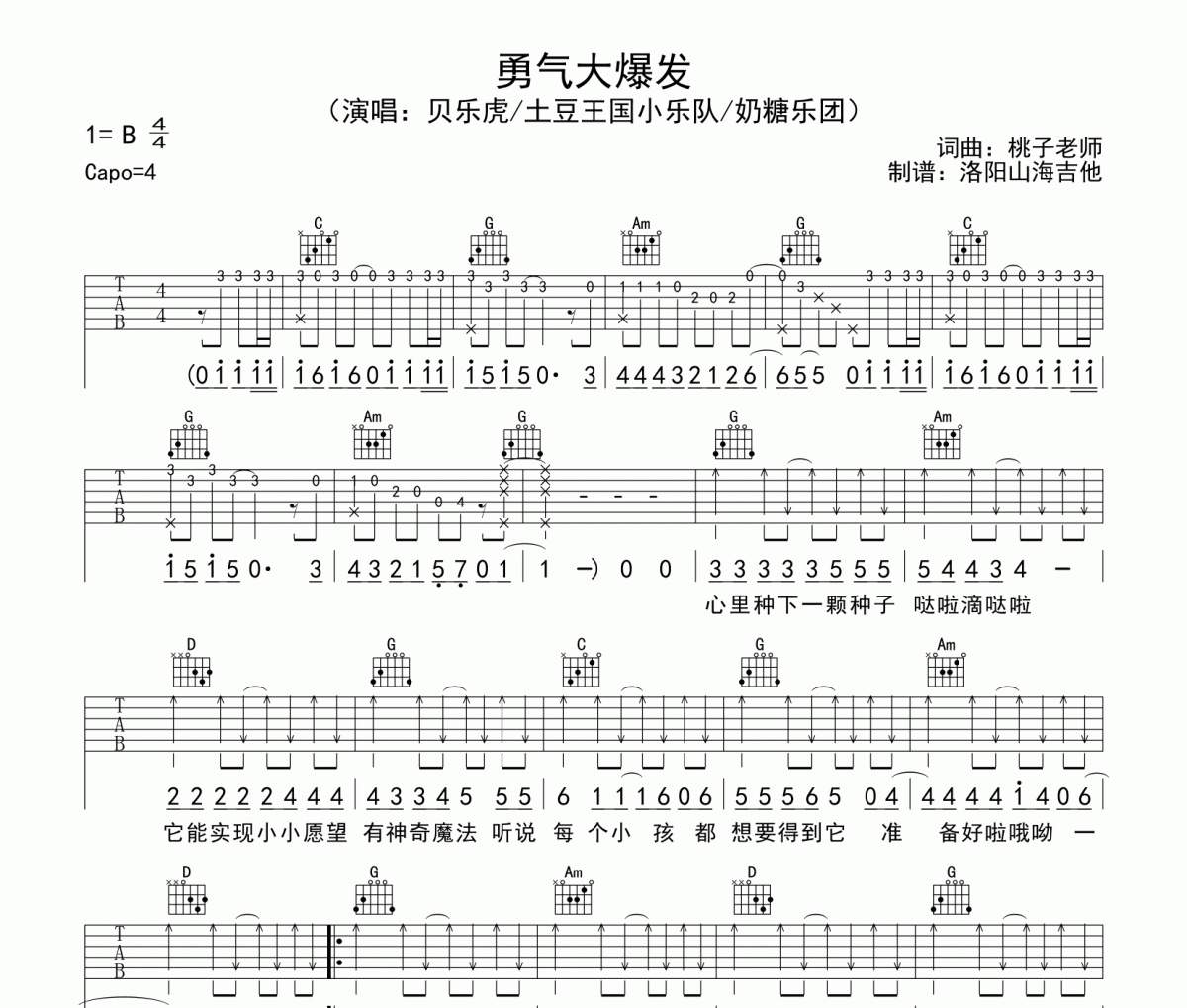 贝乐虎/土豆王国小乐队/奶糖乐团《勇气大爆发》六线谱|吉他谱