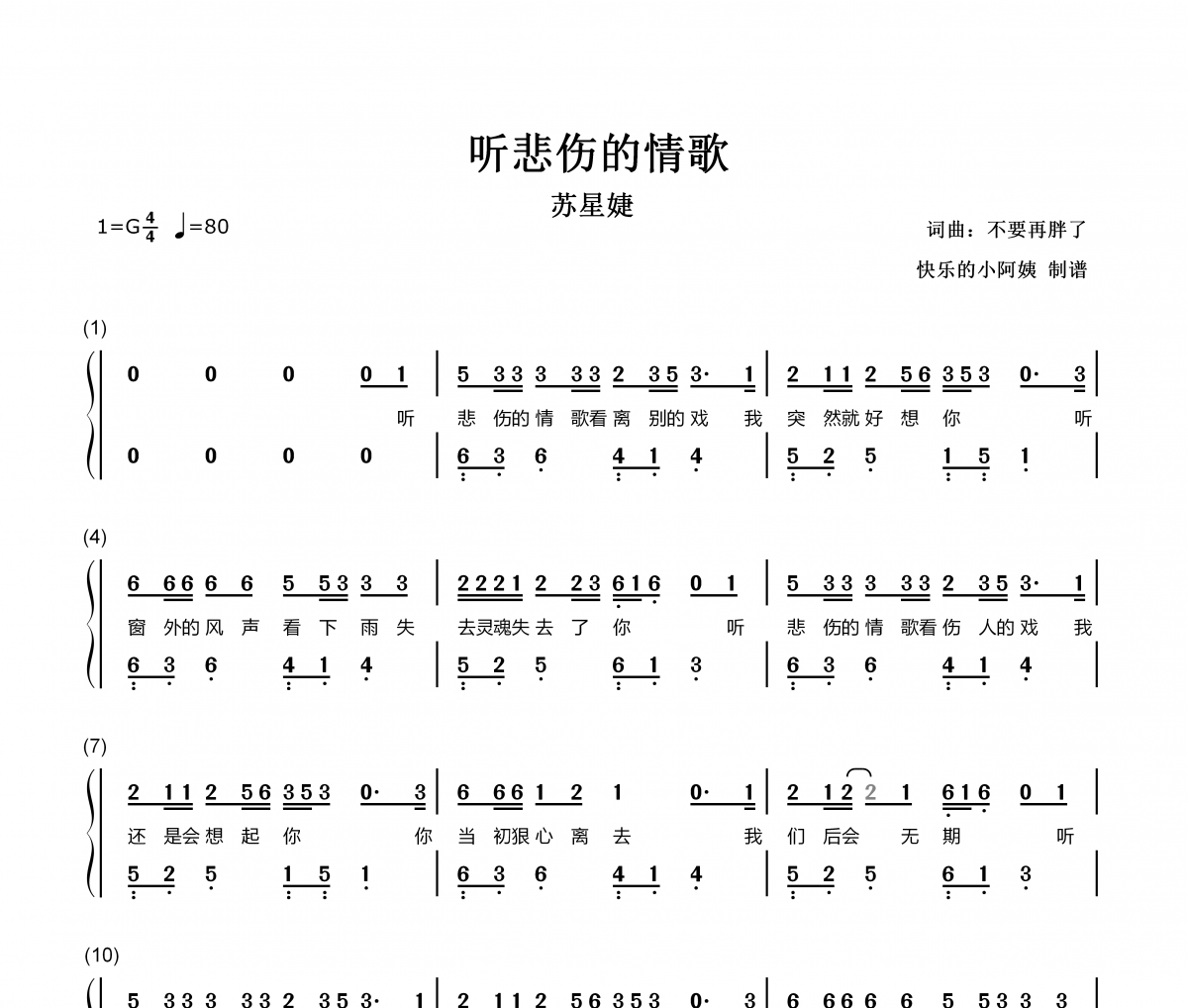 苏星婕-听悲伤的情歌-数字双手带歌词简谱