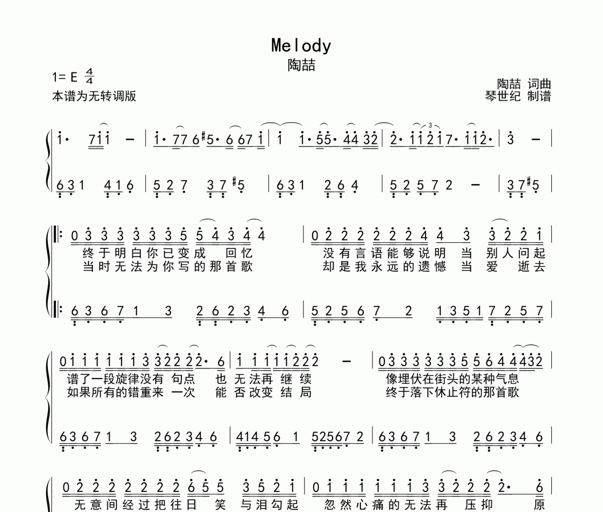 Melody钢琴谱 陶喆《Melody》五线谱|钢琴谱