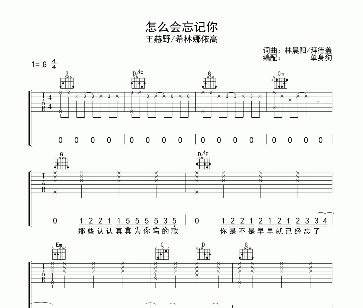 怎么会忘记你吉他谱 王赫野/希林娜依高 《怎么会忘记你》六线谱|吉他谱