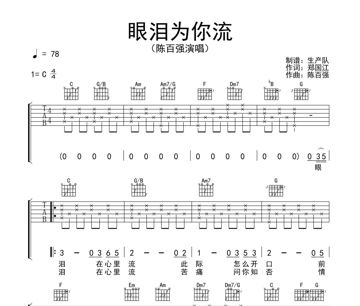 眼泪为你流吉他谱 陈百强《眼泪为你流》六线谱C调吉他谱