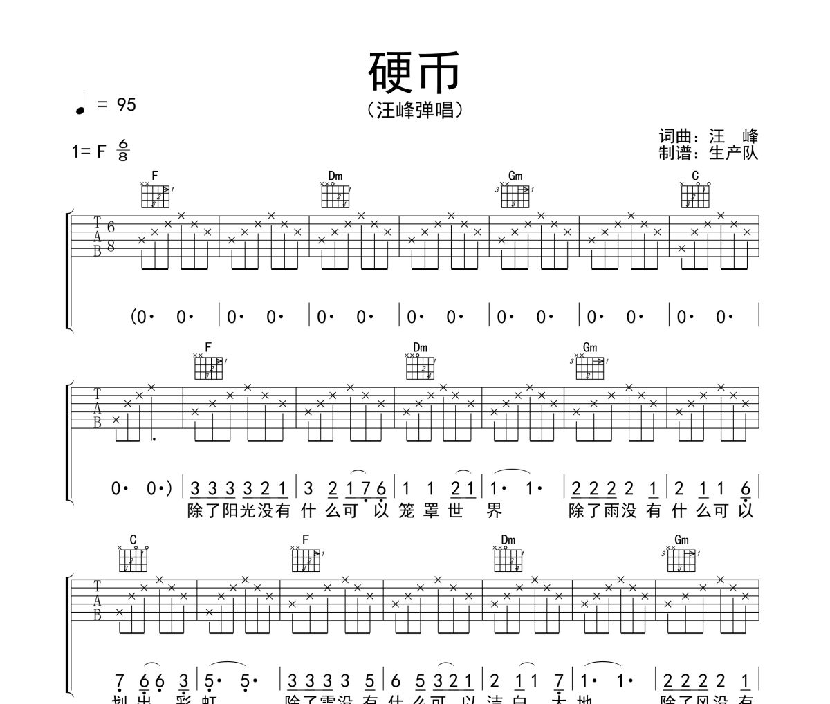 硬币吉他谱 汪峰《硬币》六线谱F调吉他谱