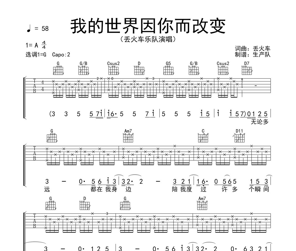 我的世界因你而改变吉他谱 丢火车乐队《我的世界因你而改变》六线谱G调吉他谱