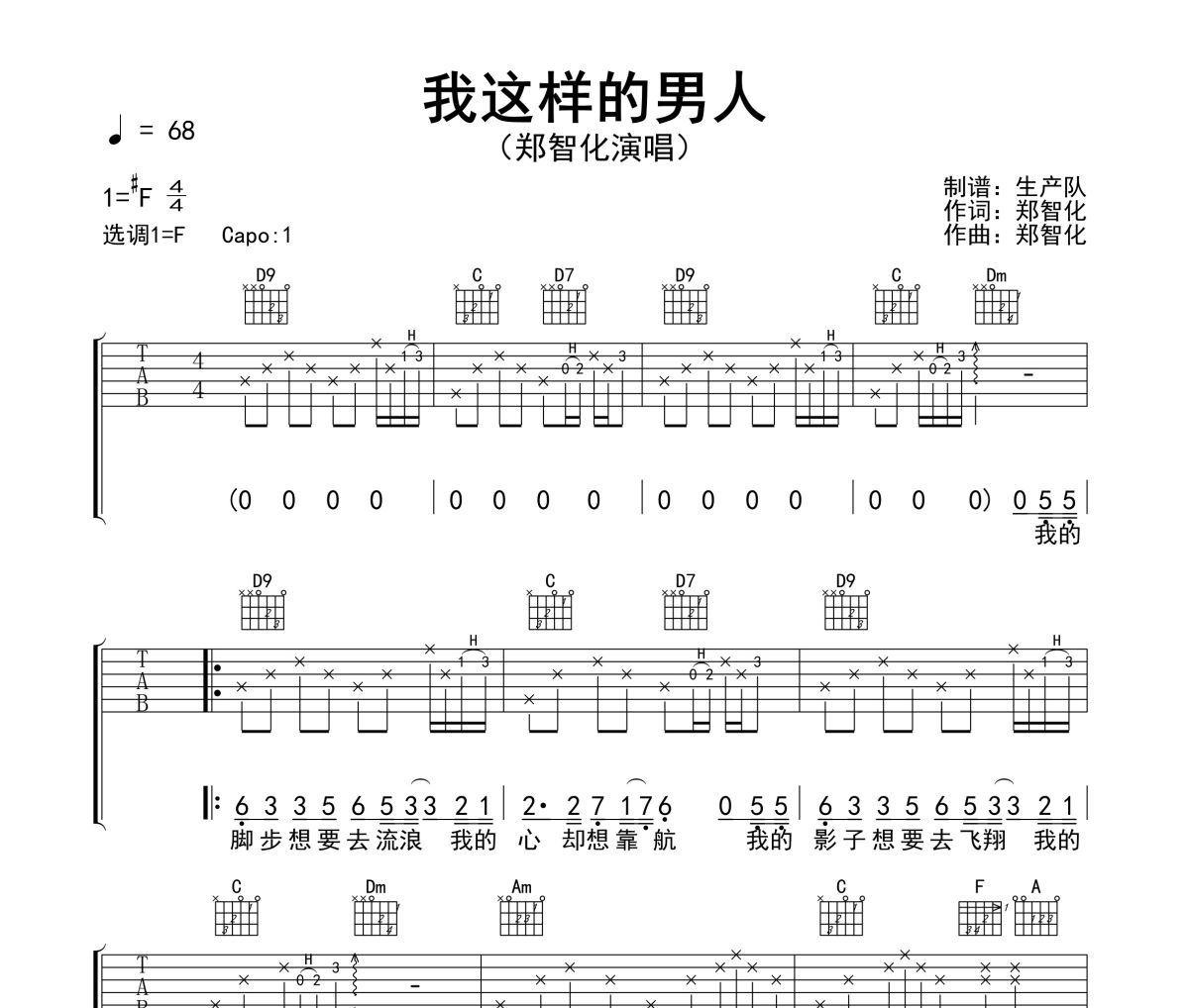 我这样的男人吉他谱 郑智化《我这样的男人》六线谱F调吉他谱