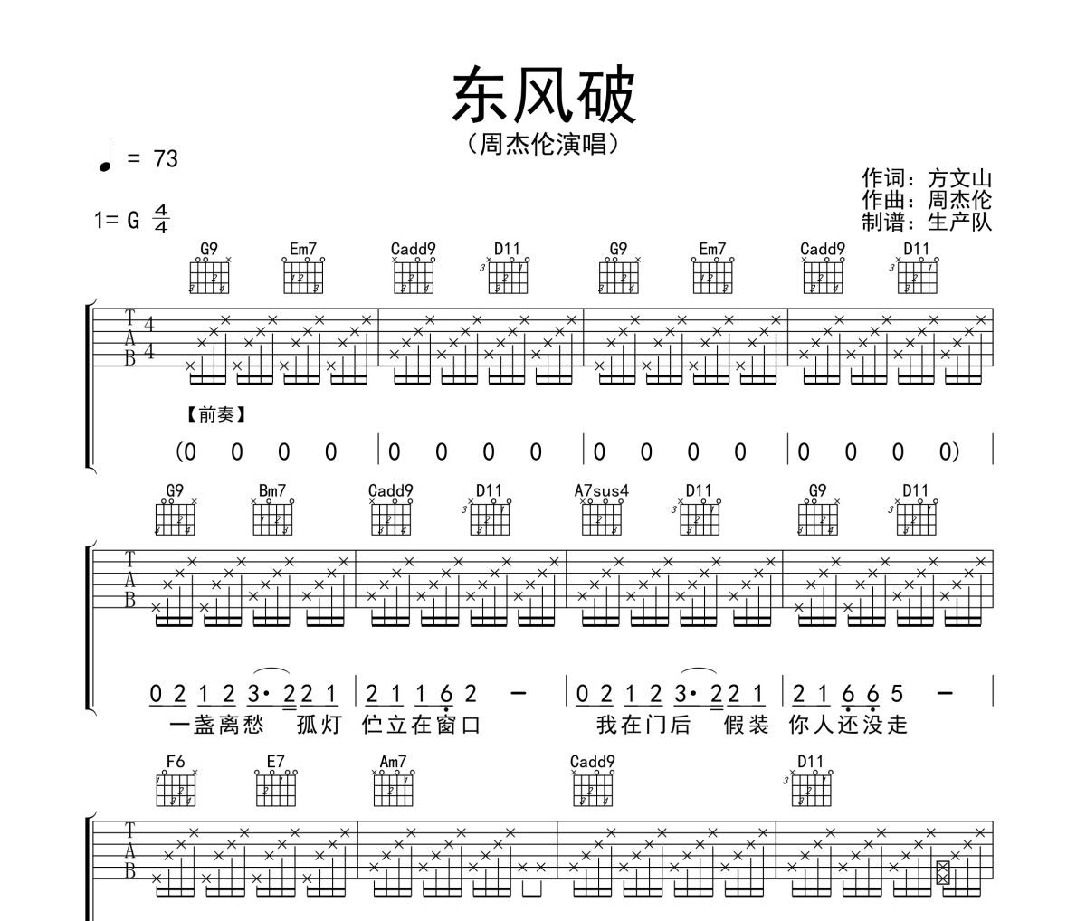 东风破吉他谱 周杰伦《东风破》六线谱G调吉他谱