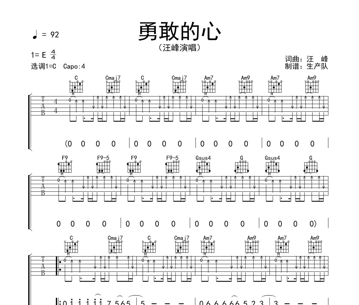 勇敢的心吉他谱 汪峰《勇敢的心》六线谱C调吉他谱