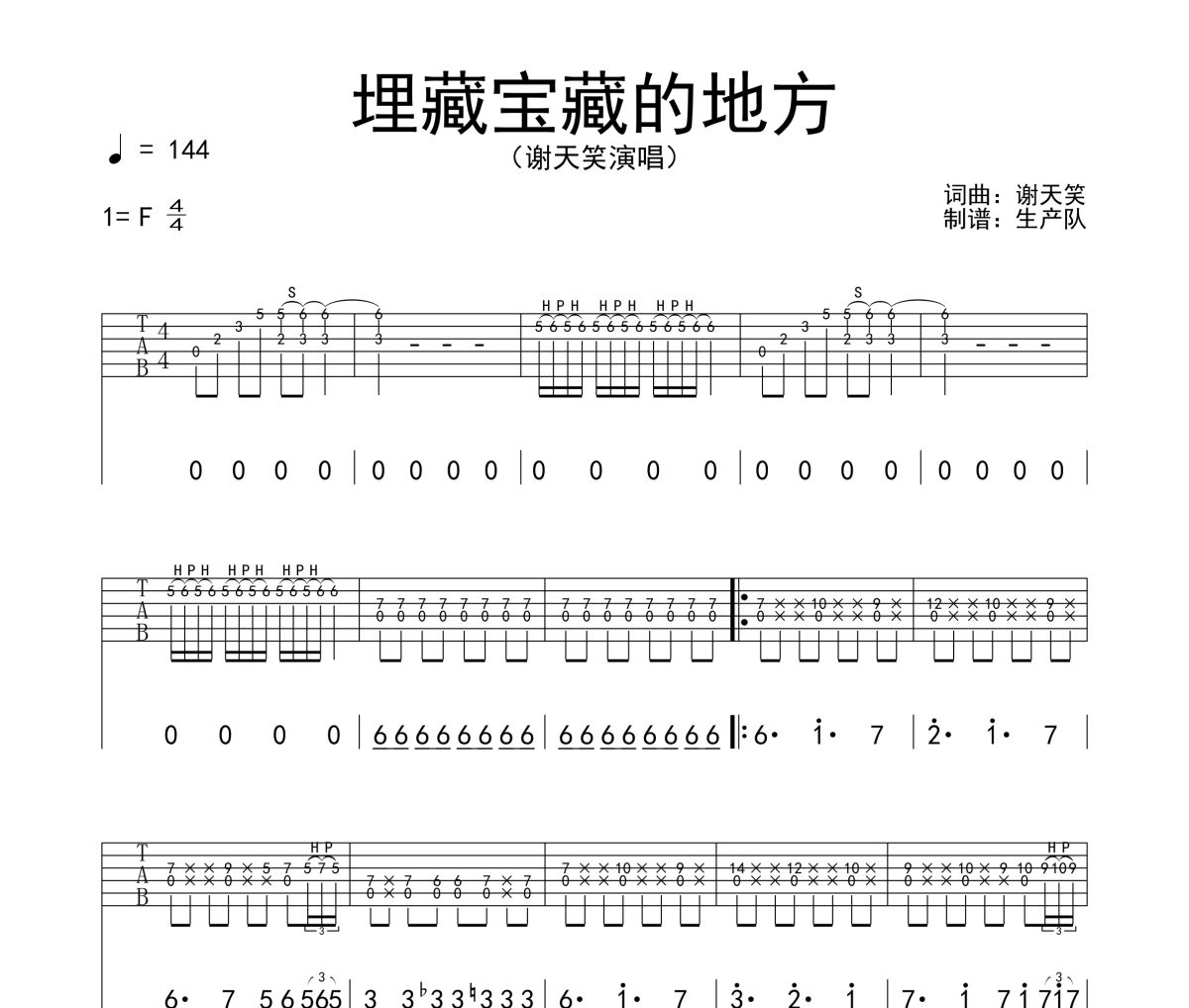 埋藏宝藏的地方吉他谱 谢天笑《埋藏宝藏的地方》六线谱F调吉他谱