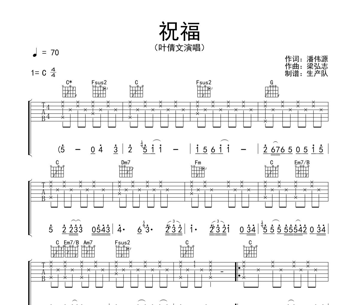 祝福吉他谱 叶倩文《祝福》六线谱|吉他谱