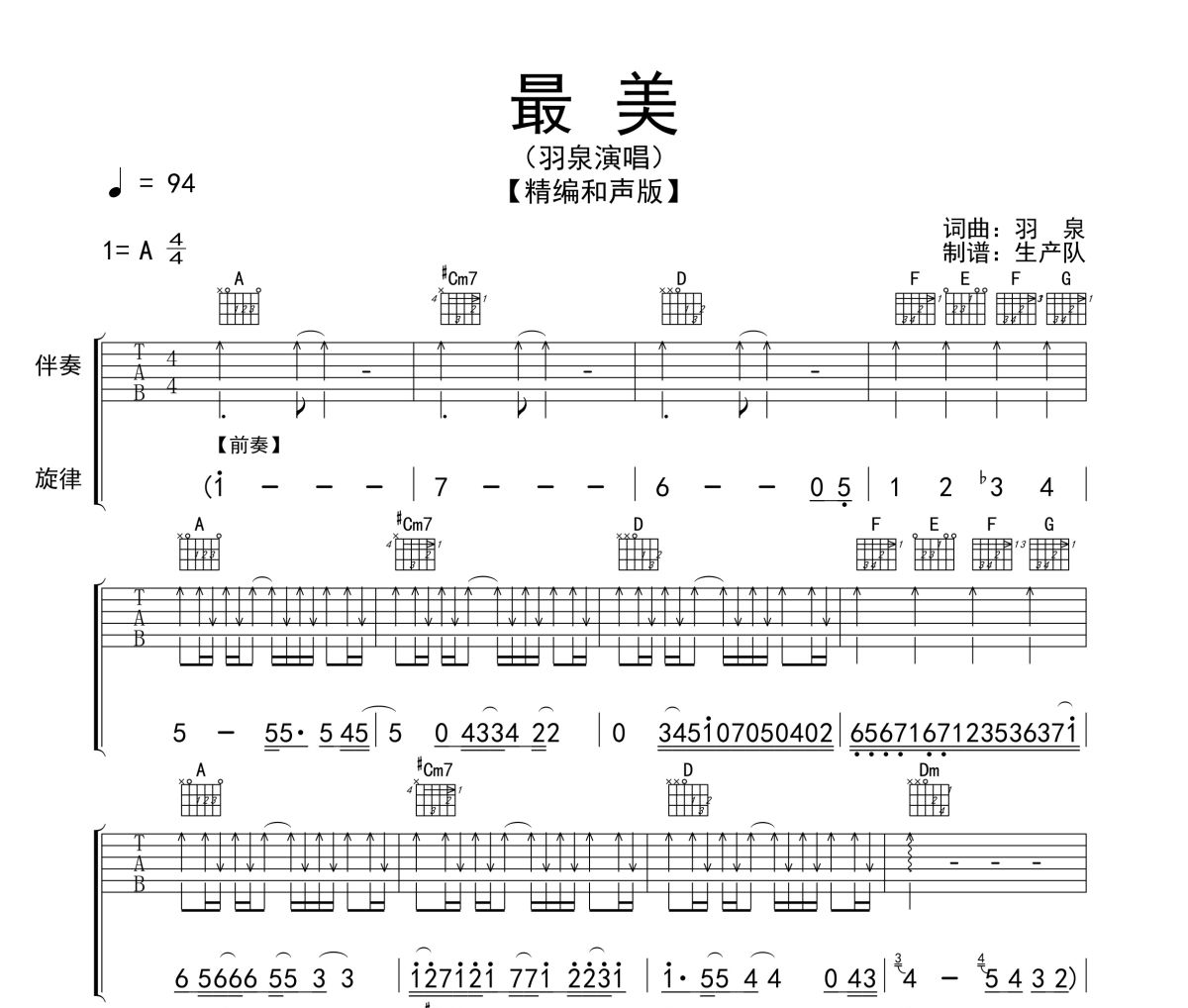 最美吉他谱 羽泉《最美》(和声版)六线谱|吉他谱