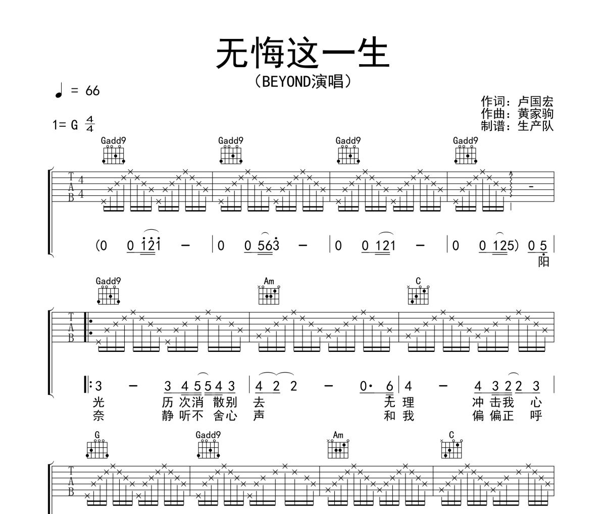 无悔这一生吉他谱 Beyond《无悔这一生》六线谱G调吉他谱