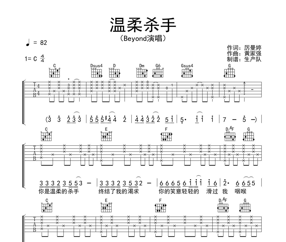 温柔杀手吉他谱 Beyond《温柔杀手》六线谱C调吉他谱