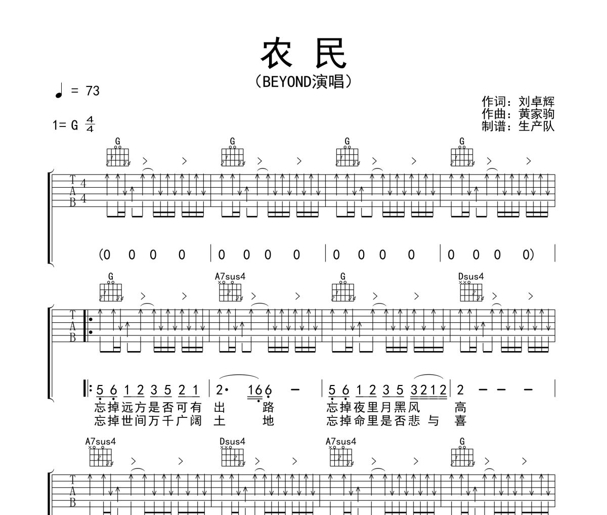 农民吉他谱 Beyond《农民》六线谱G调吉他谱