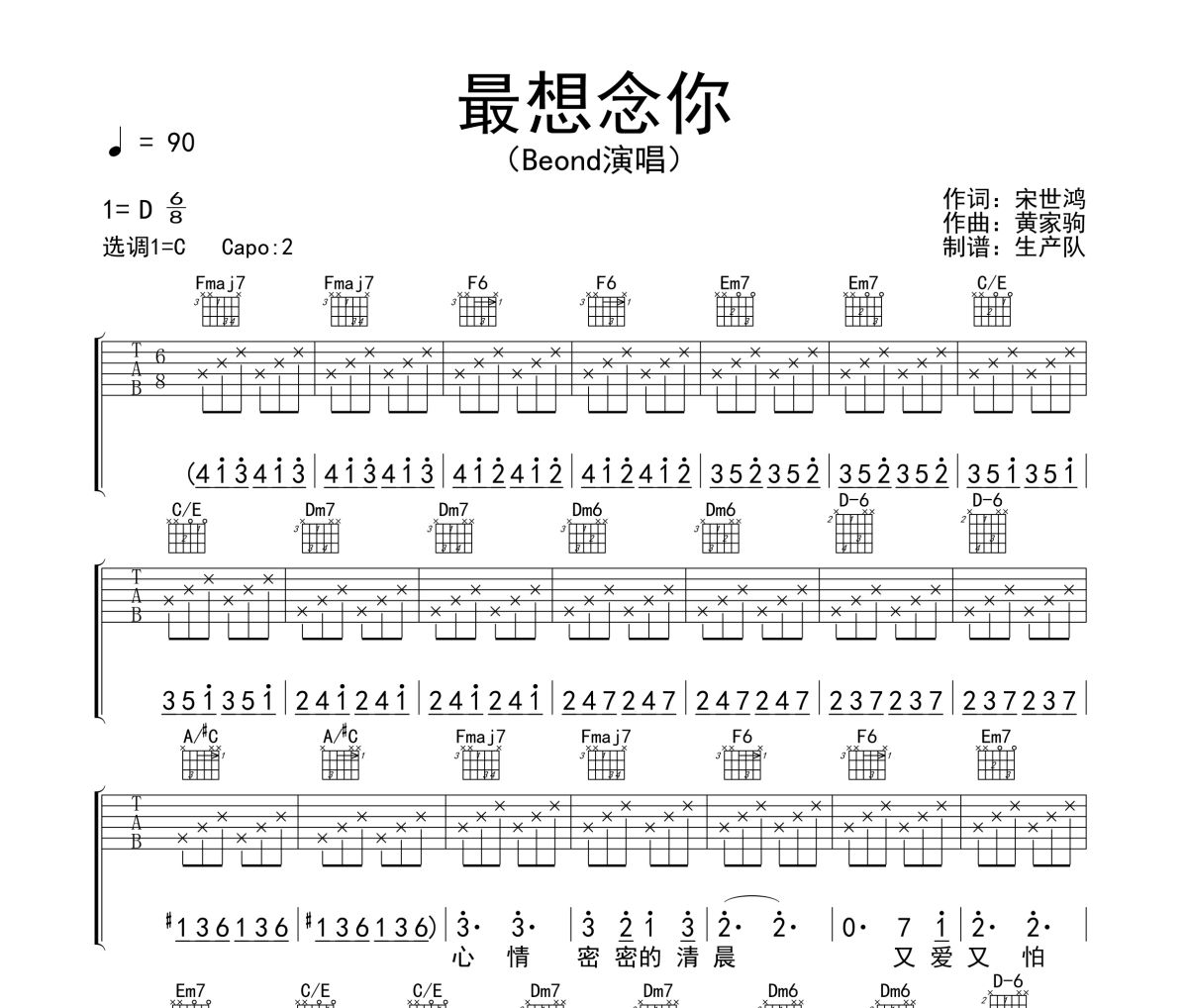 最想念你吉他谱 Beyond《最想念你》六线谱C调吉他谱