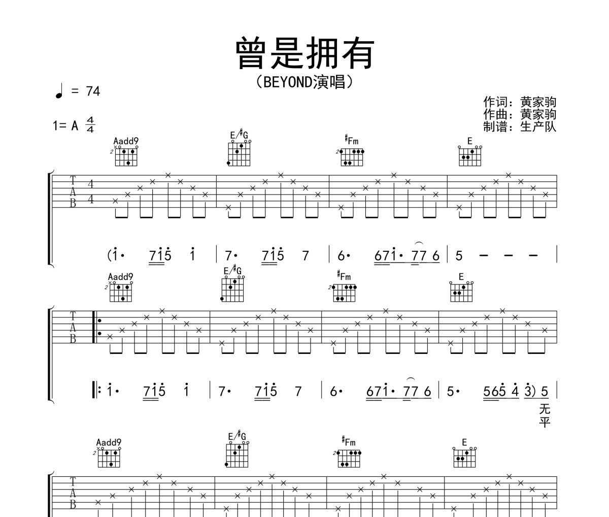 曾是拥有吉他谱 Beyond《曾是拥有》六线谱A调吉他谱