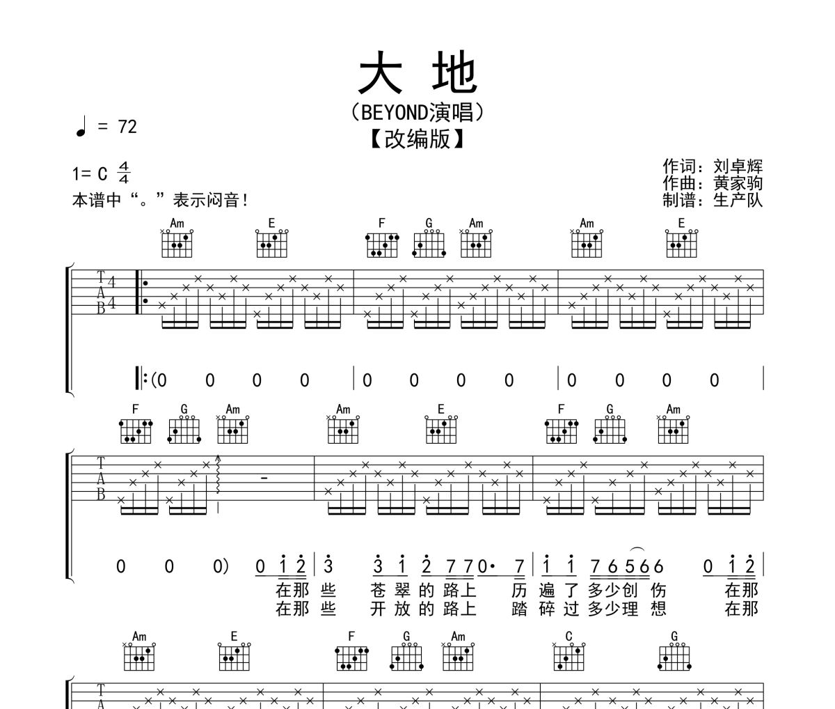 大地吉他谱 Beyond《大地》六线谱C调吉他谱