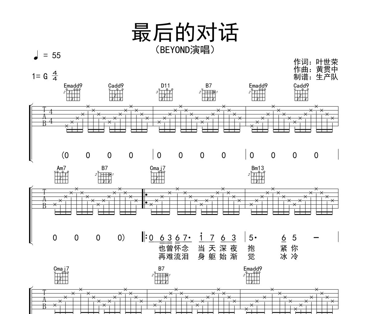 最后的对话吉他谱 Beyond《最后的对话》六线谱G调吉他谱