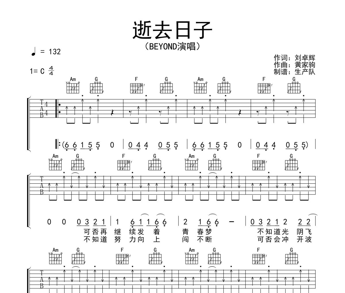 逝去日子吉他谱 Beyond《逝去日子》六线谱C调吉他谱