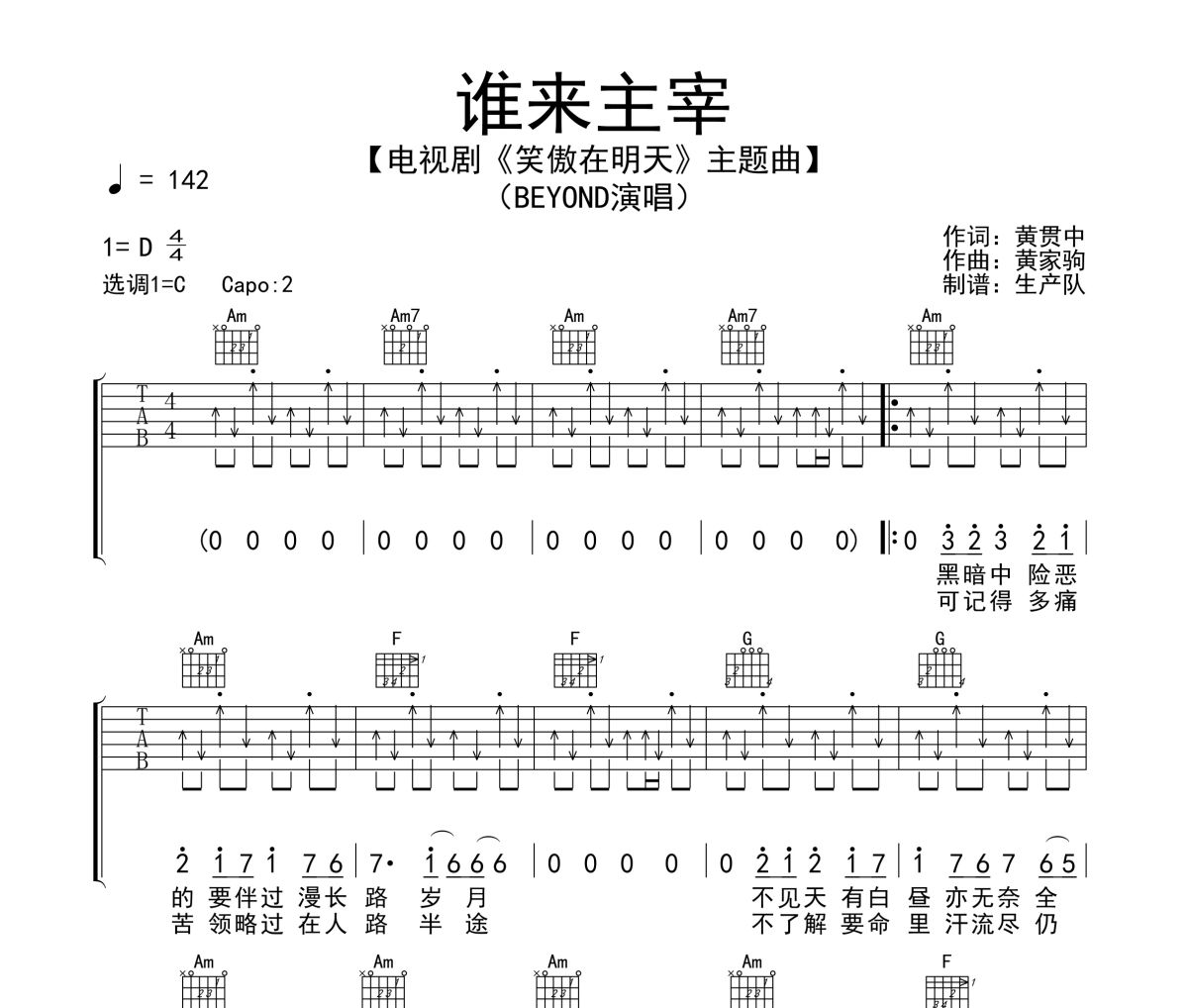 谁来主宰吉他谱 Beyond《谁来主宰》六线谱C调吉他谱