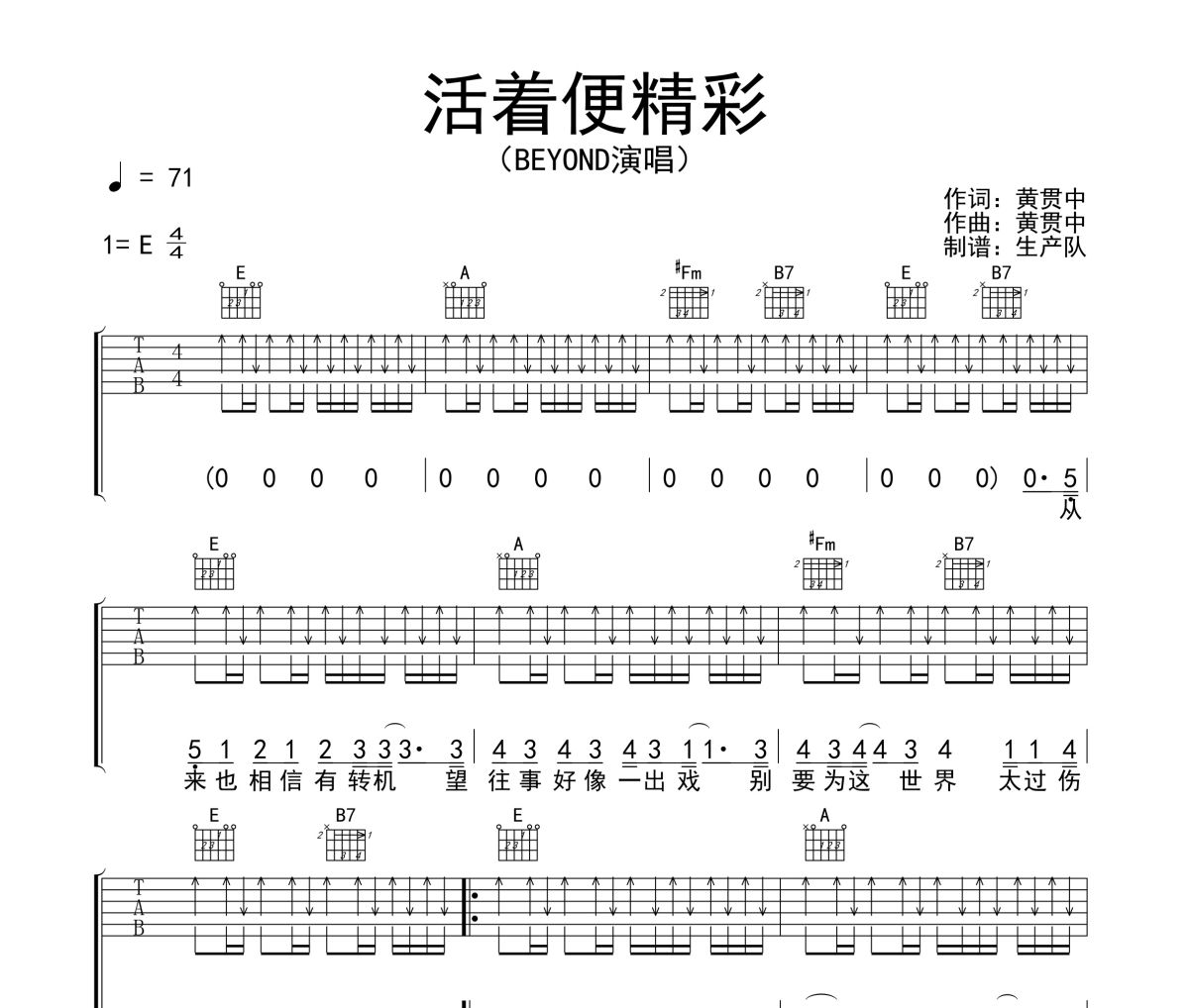 活着便精彩吉他谱 Beyond《活着便精彩》六线谱E调吉他谱