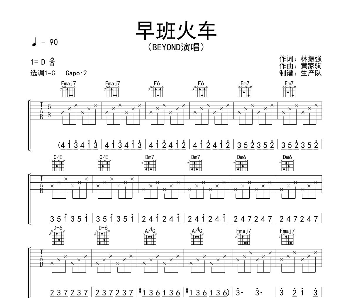 早班火车吉他谱 Beyond《早班火车》六线谱C调吉他谱