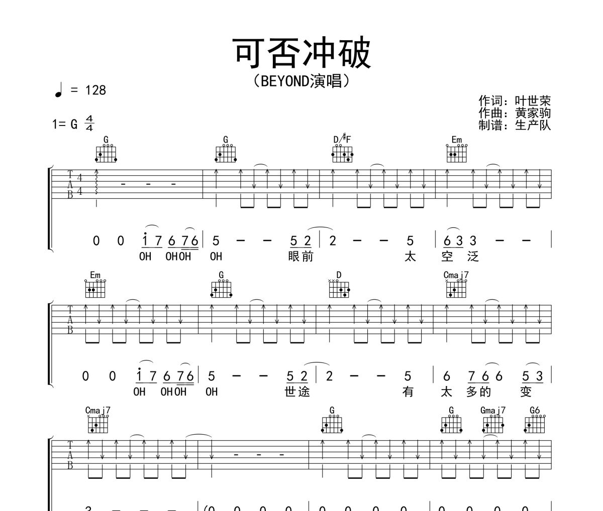 可否冲破吉他谱 Beyond《可否冲破》六线谱G调吉他谱