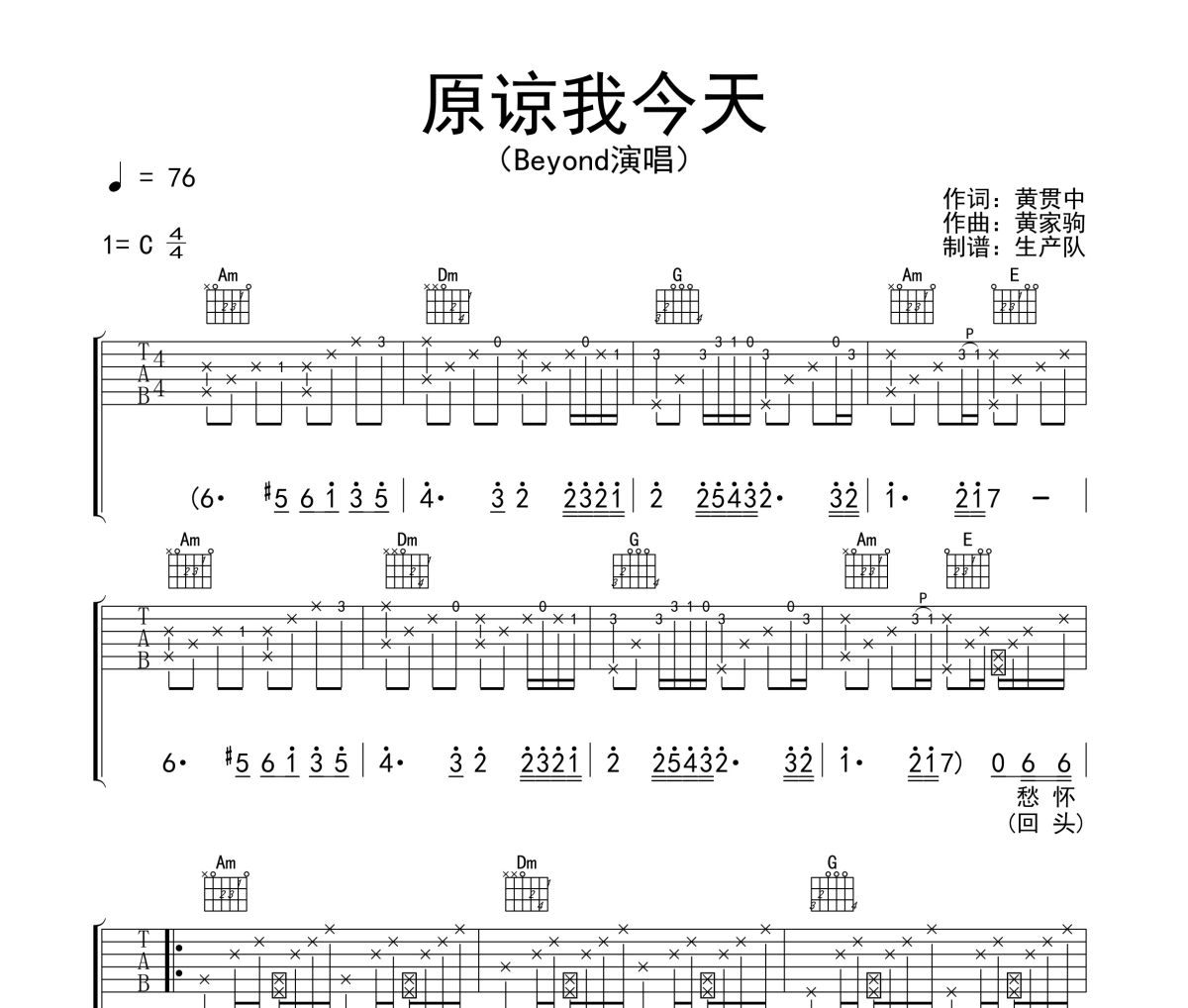 原谅我今天吉他谱 Beyond《原谅我今天》六线谱C调吉他谱