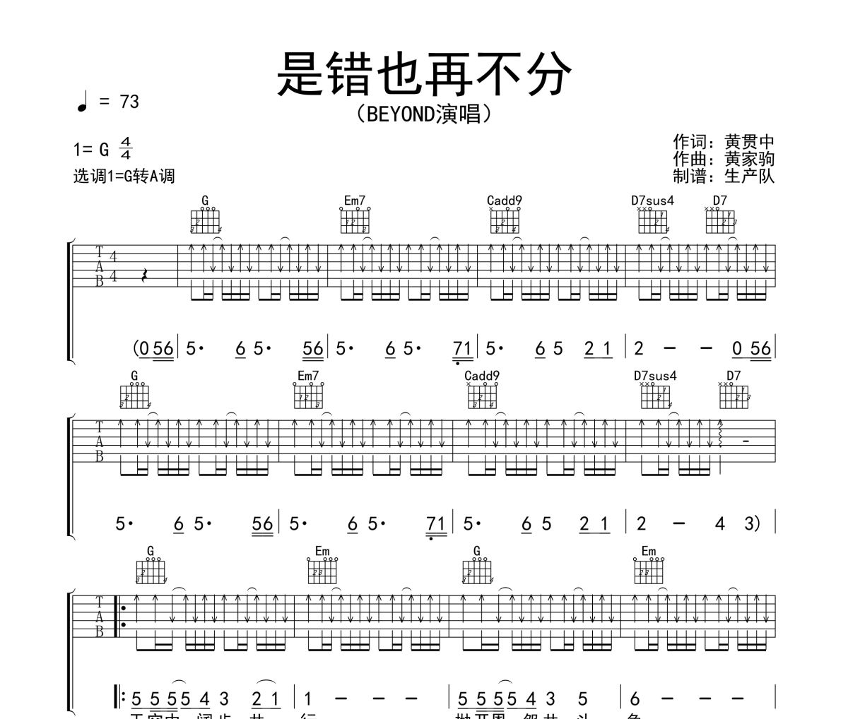 是错也再不分吉他谱 Beyond《是错也再不分》六线谱G调吉他谱