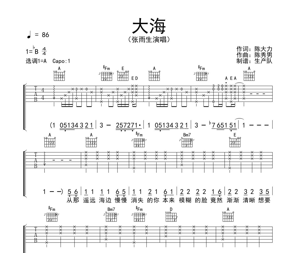 大海吉他谱 张雨生《大海》六线谱A调吉他谱