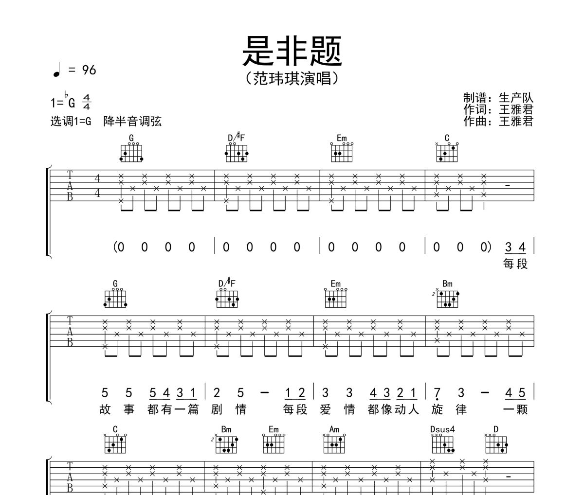 是非题吉他谱 范玮琪《是非题》六线谱G调吉他谱