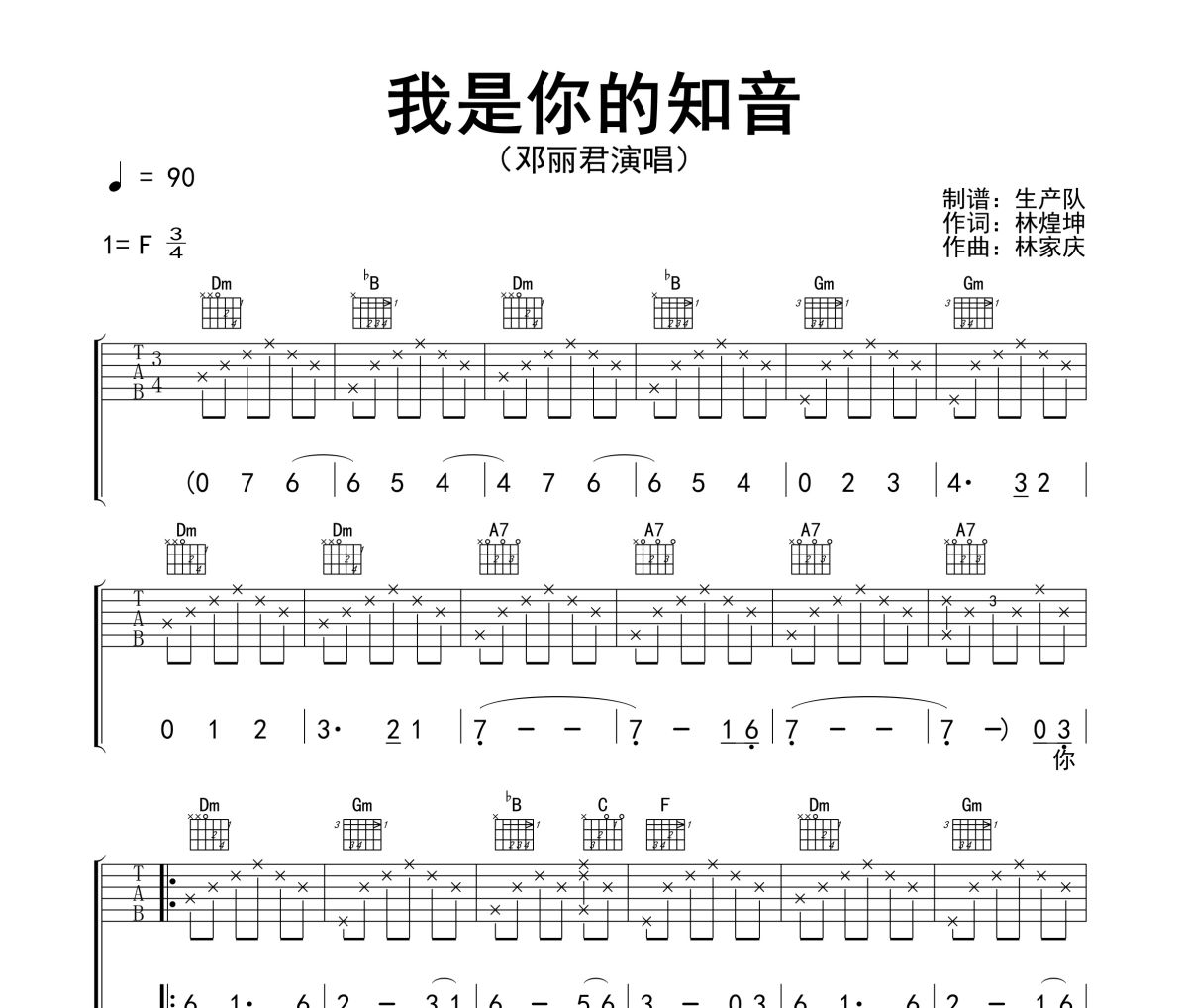 我是你的知音吉他谱 邓丽君《我是你的知音》六线谱F调吉他谱
