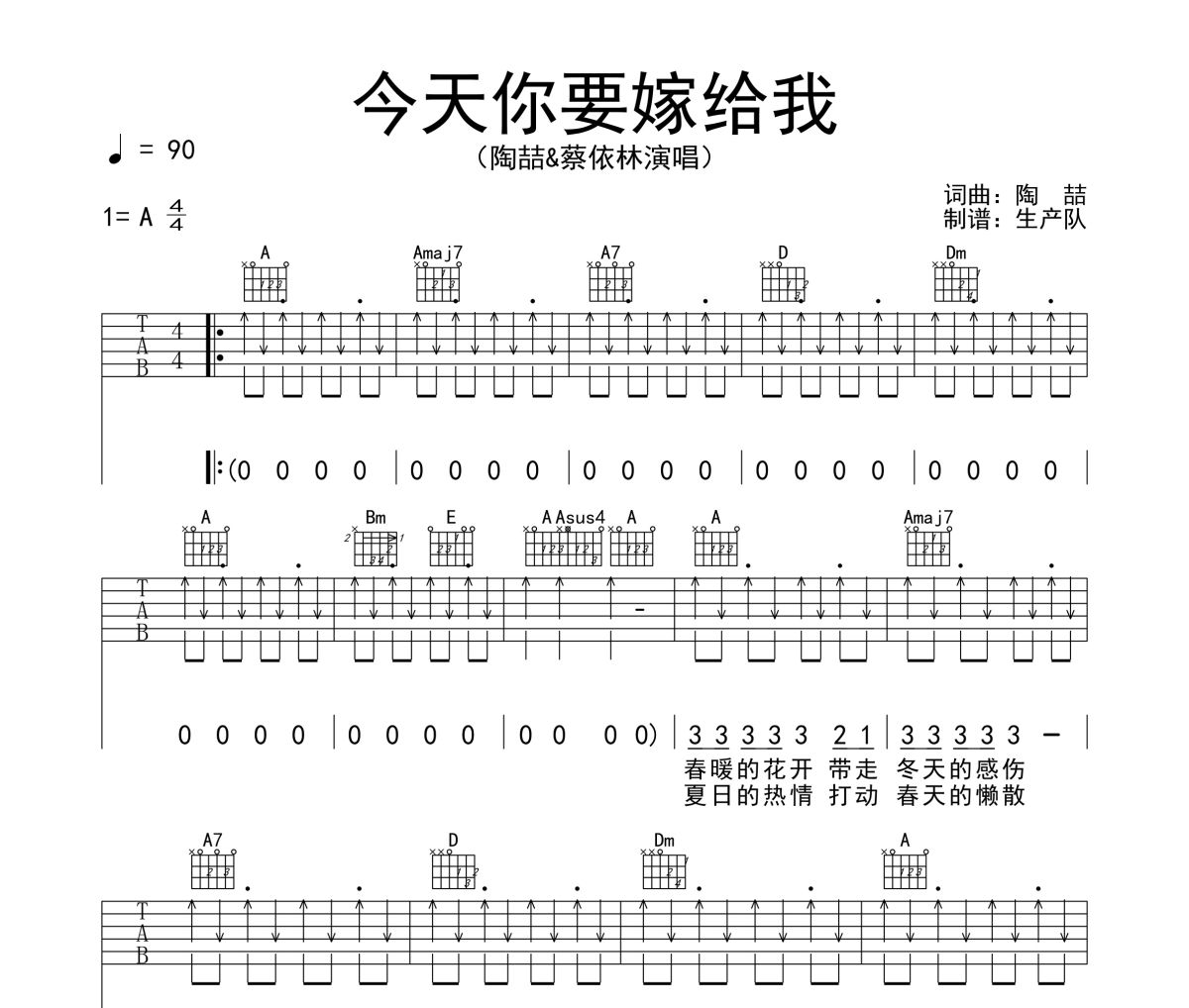 今天你要嫁给我吉他谱 陶喆&蔡依林《今天你要嫁给我》六线谱A调吉他谱