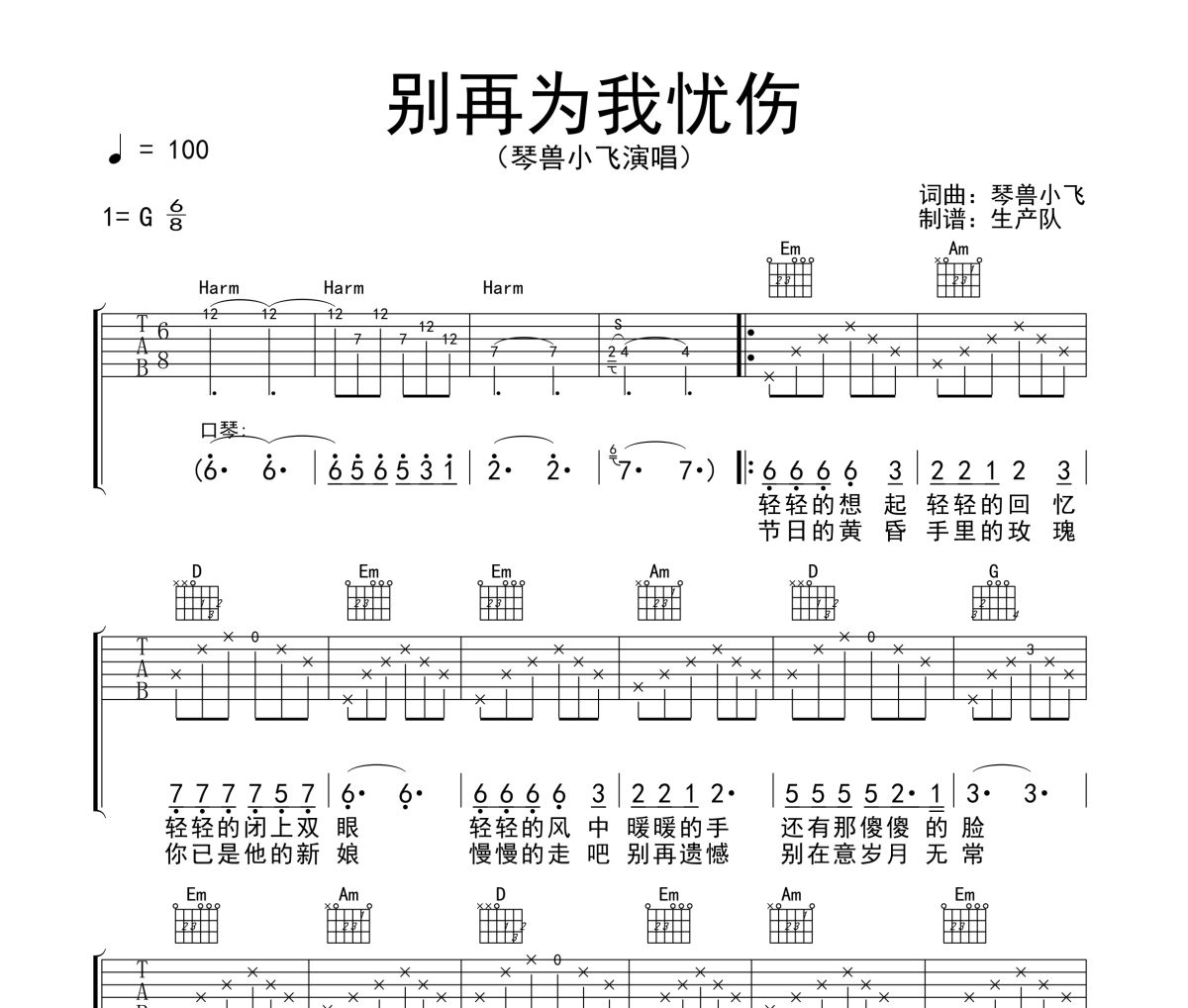 别再为我忧伤吉他谱 琴兽小飞《别再为我忧伤》六线谱G调吉他谱