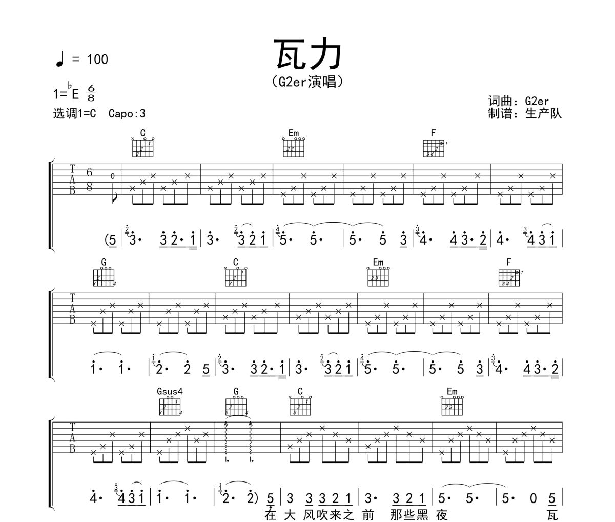 瓦力吉他谱 G2er《瓦力》六线谱C调吉他谱
