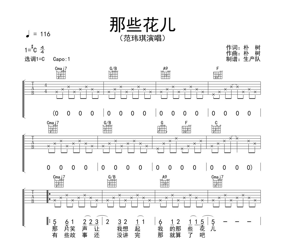 那些花儿吉他谱 范玮琪《那些花儿》六线谱C调吉他谱