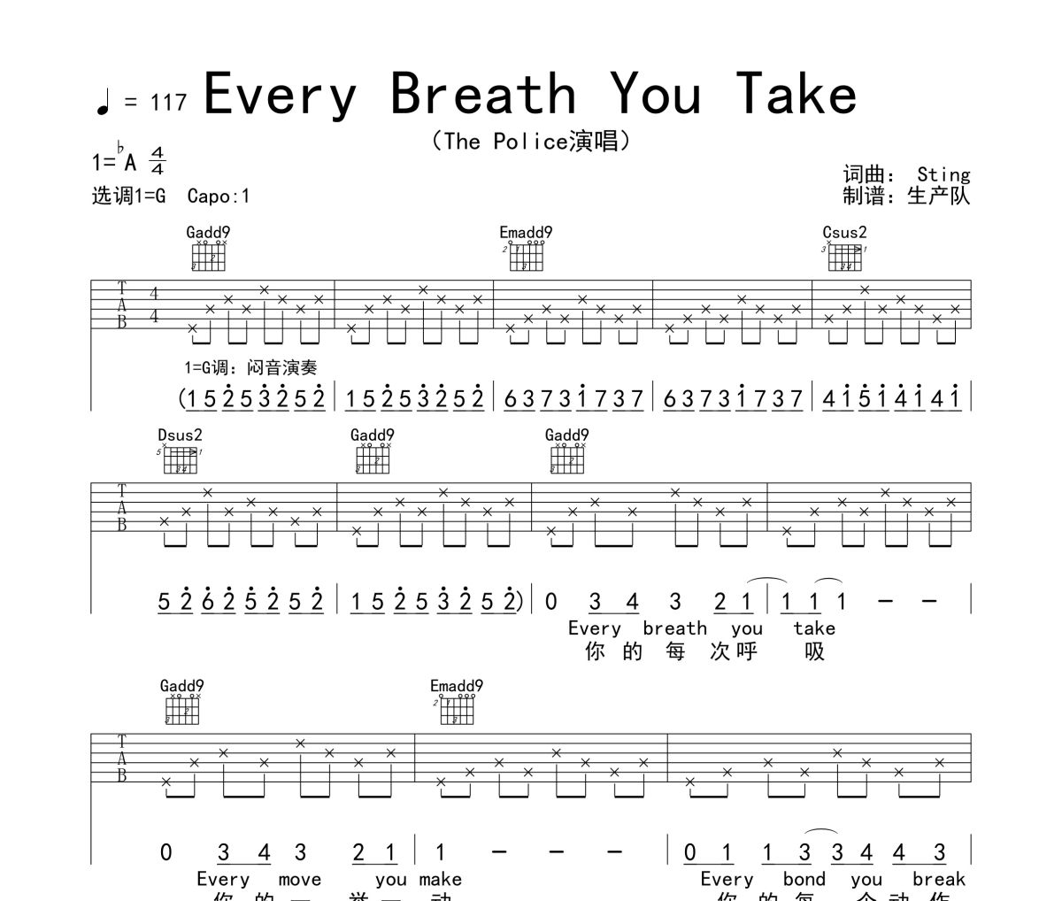 Every Breath You Take吉他谱 The Police《Every Breath You Take》六线