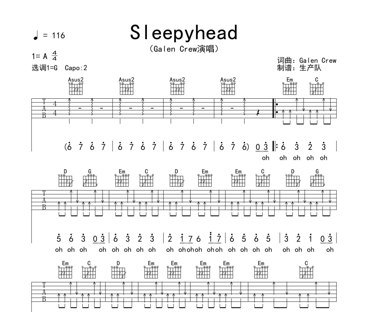 Sleepyhead吉他谱 Galen Crew《Sleepyhead》六线谱G调吉他谱
