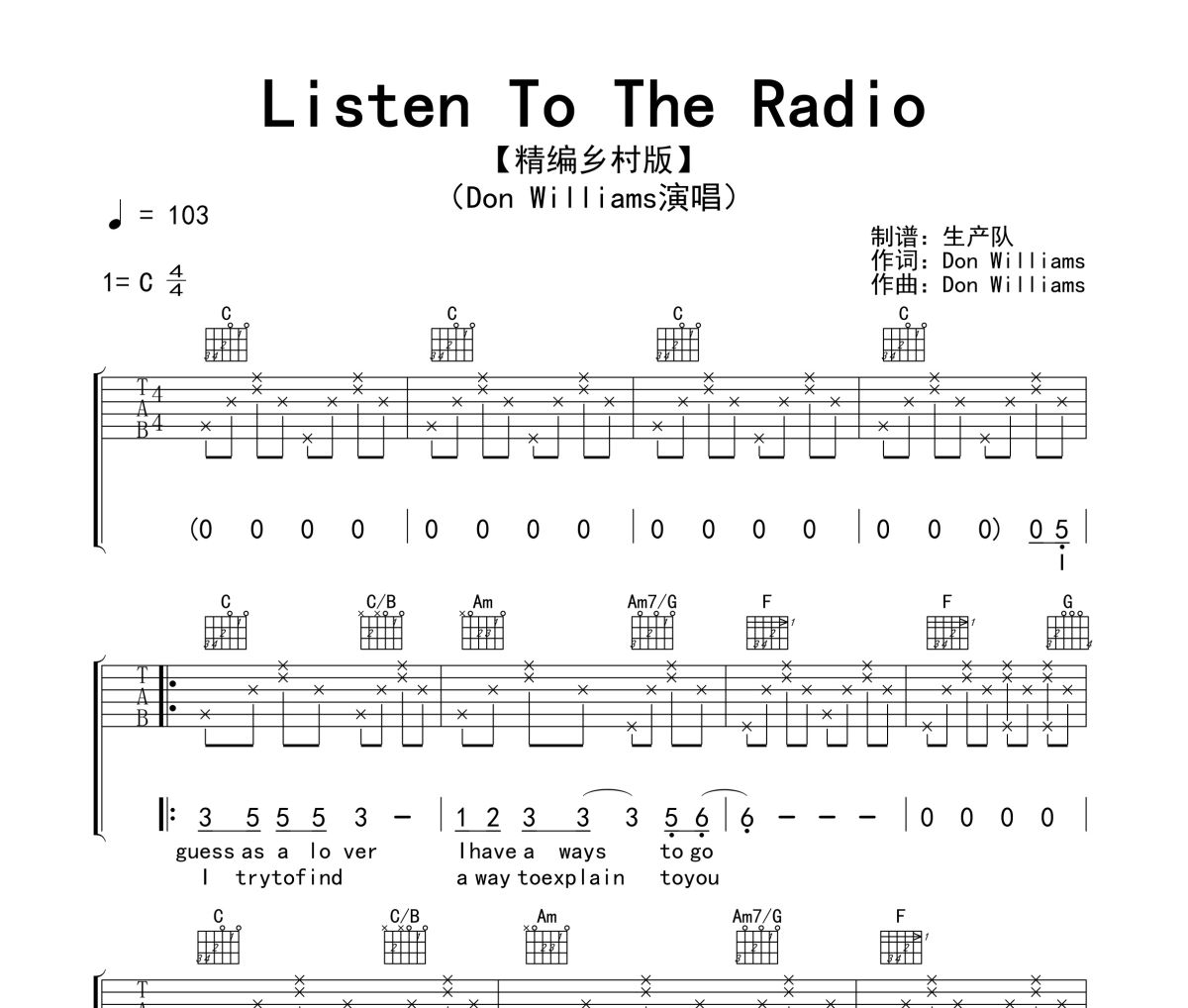 Listen To The Radio吉他谱 Don Williams《Listen To The Radio》六线谱|