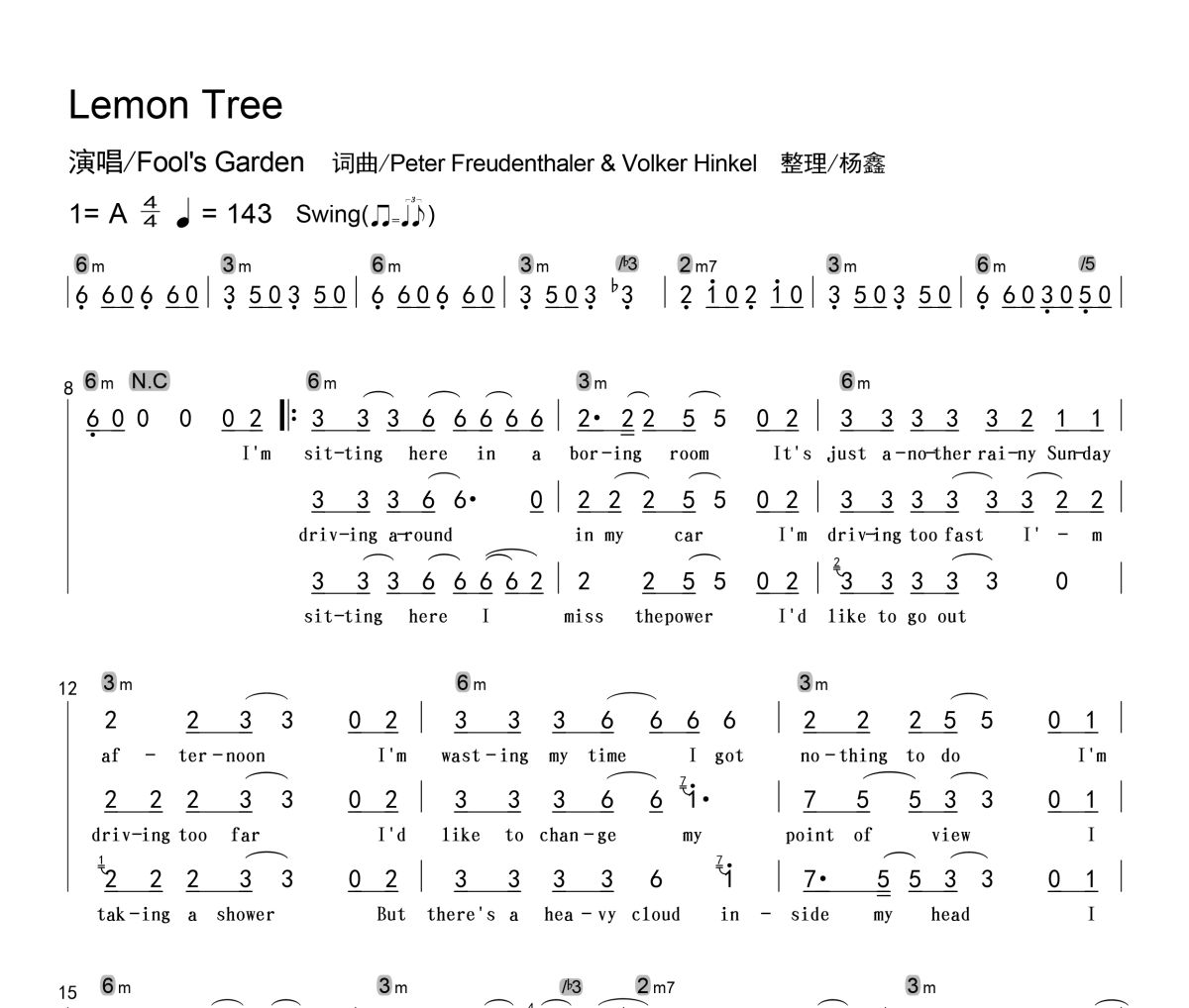 Lemon Tree简谱 Fool's Garden《Lemon Tree》简谱