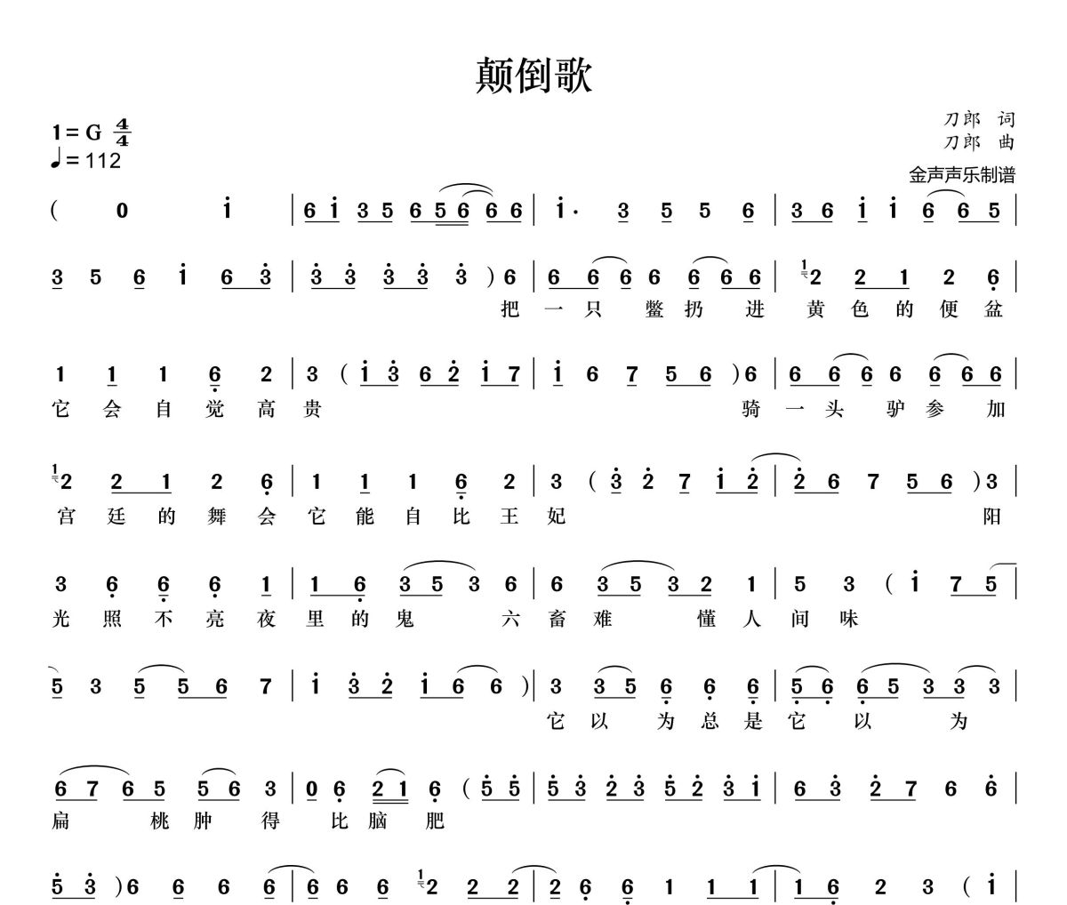 颠倒歌简谱 刀郎《颠倒歌》G调简谱+动态视频