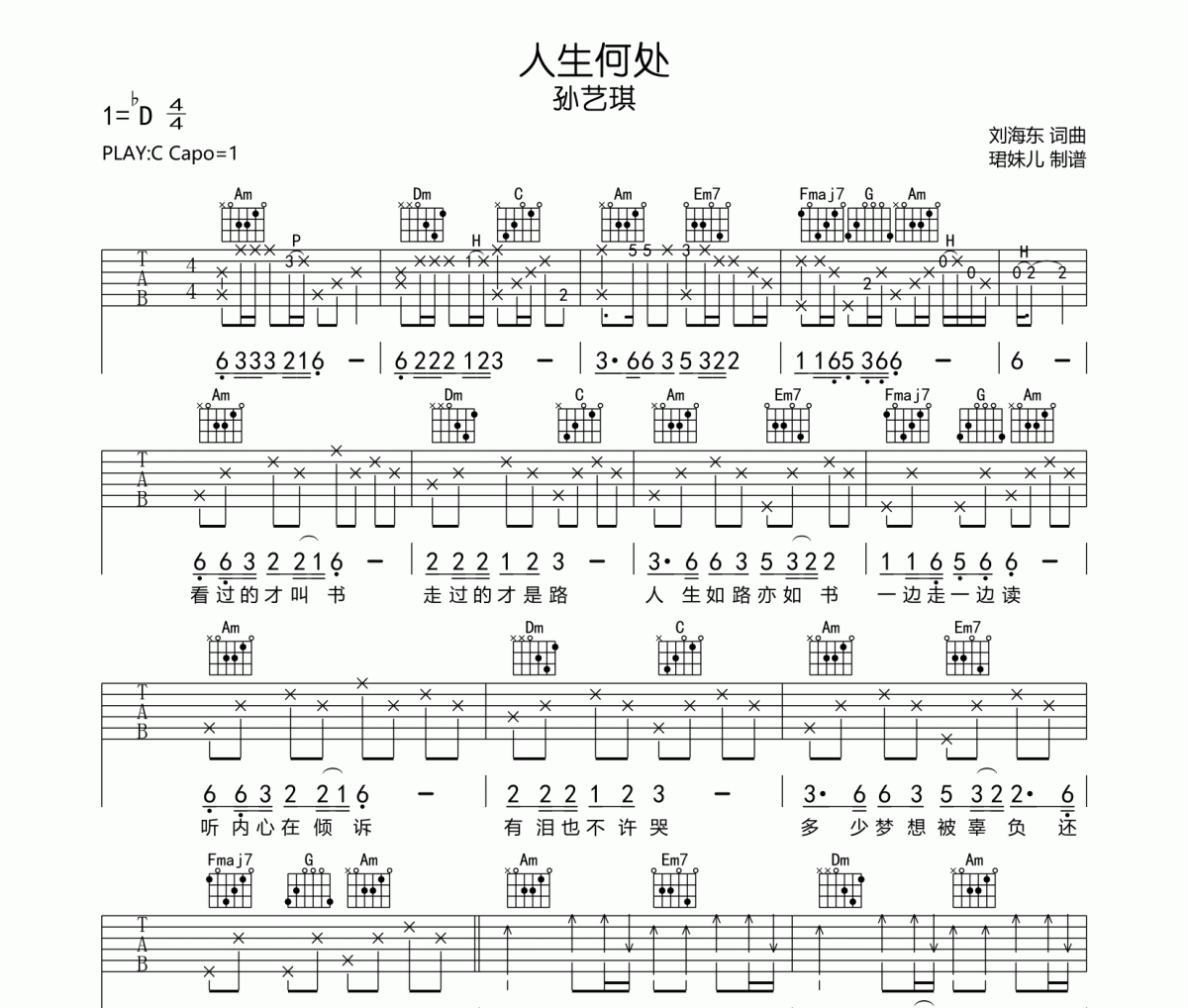 人生何处吉他谱 孙艺琪《人生何处》六线谱C调指法编配|吉他谱