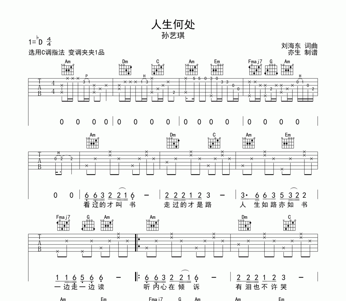 人生何处吉他谱 孙艺琪《人生何处》C调弹唱谱