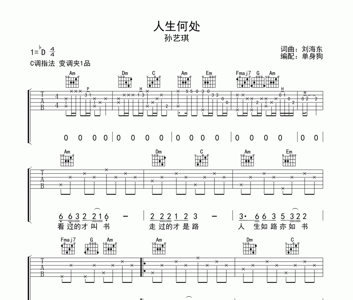 孙艺琪 -人生何处六线谱C调吉他谱