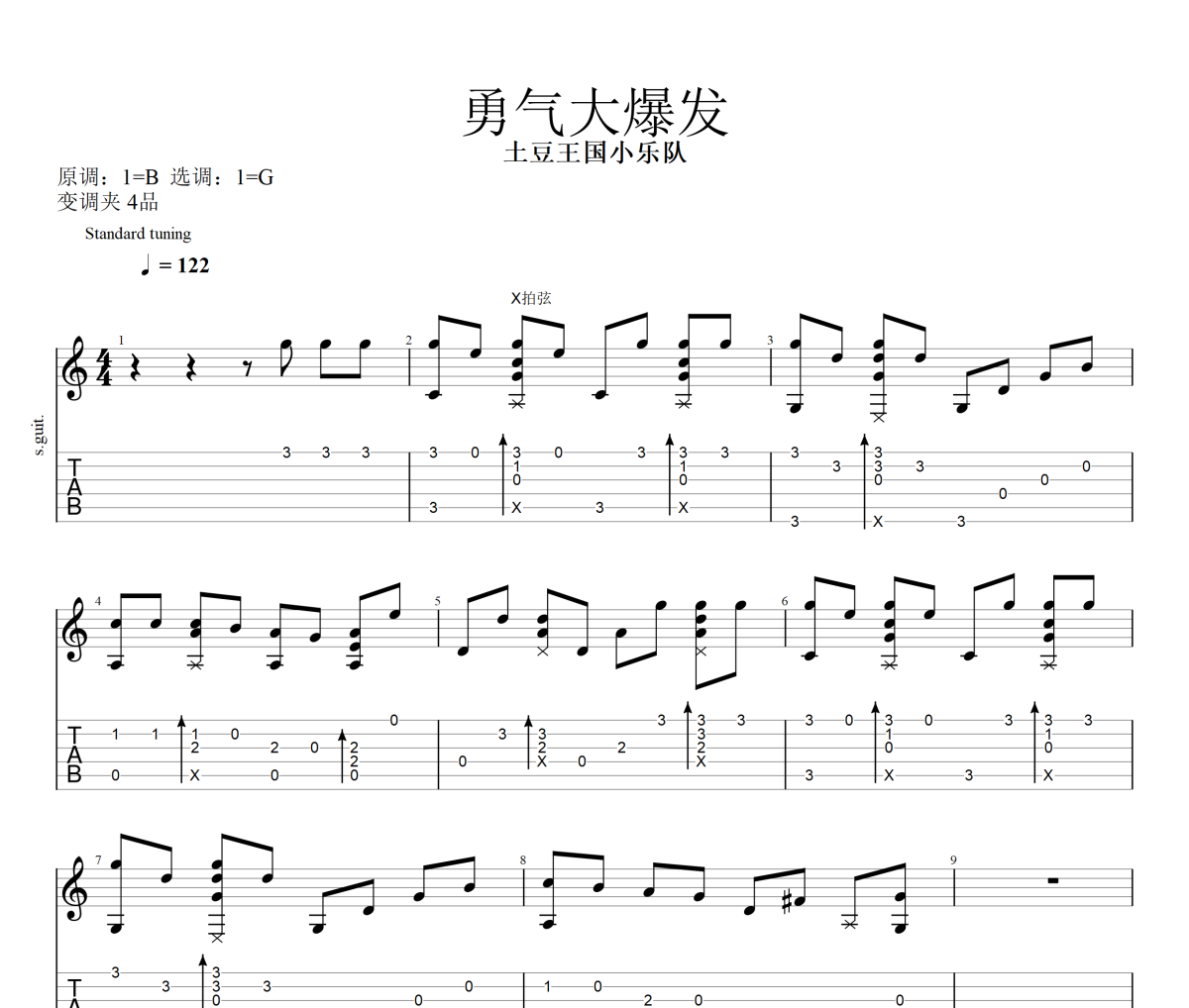 勇气大爆发吉他谱 土豆王国小乐队-勇气大爆发(指弹)独奏曲+动态吉他视频